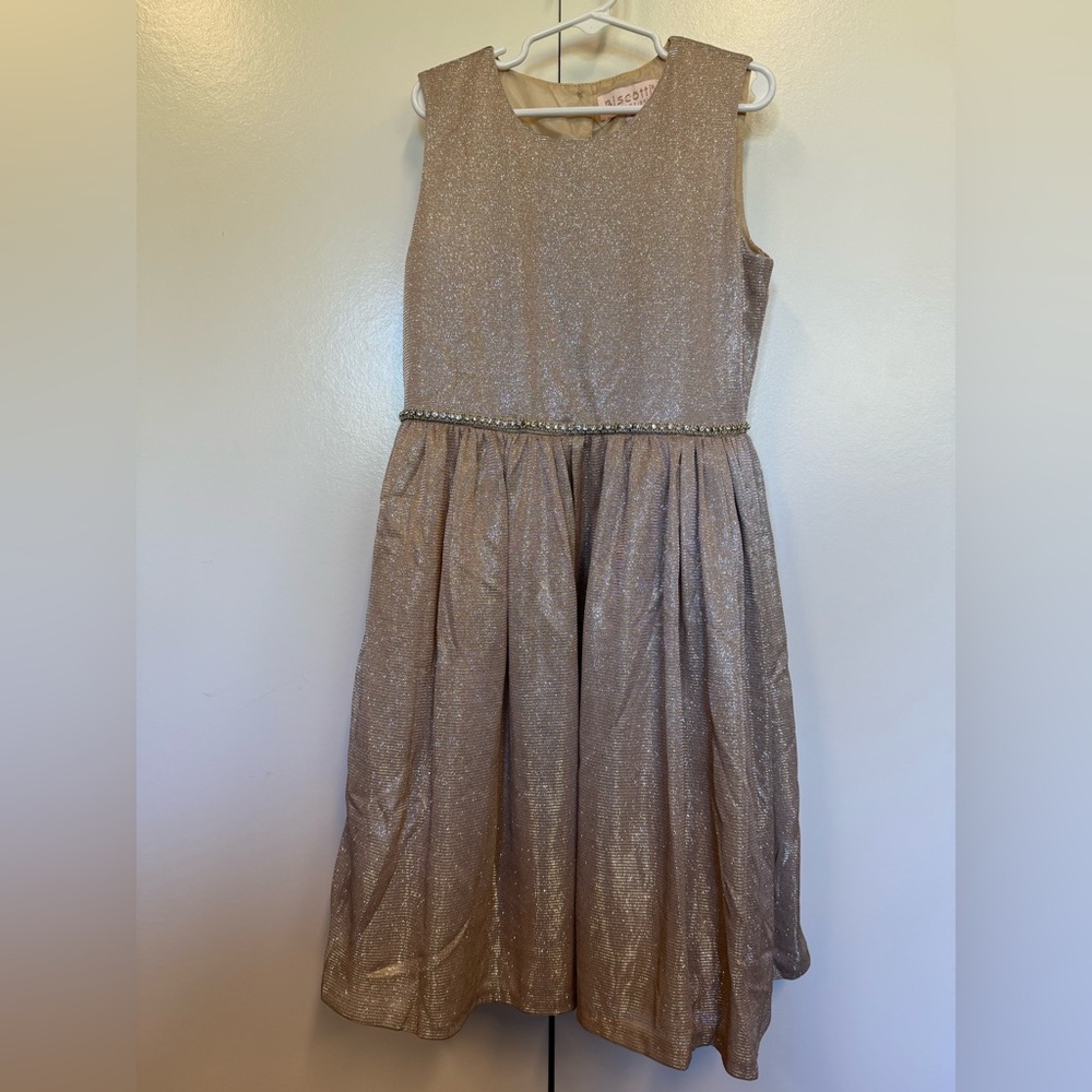Biscotti holiday wedding party dress. Metallic with rhinestone detail.  Size 10